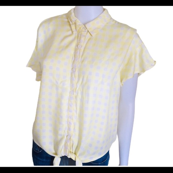 GEORGE Gingham Plaid Ruffle Blouse With Tie Front & Cap Sleeves Yellow Sz Large - Picture 5 of 13